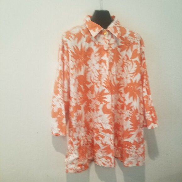 Harper Greer Women's Button Down Tunic Top 3/4 Sleeves Floral Orange Size XXL - Picture 1 of 10